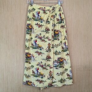 Sharon Young Vintage 80s Western Cowboys Novelty Wrap Skirt Yellow Cotton  6 USA
